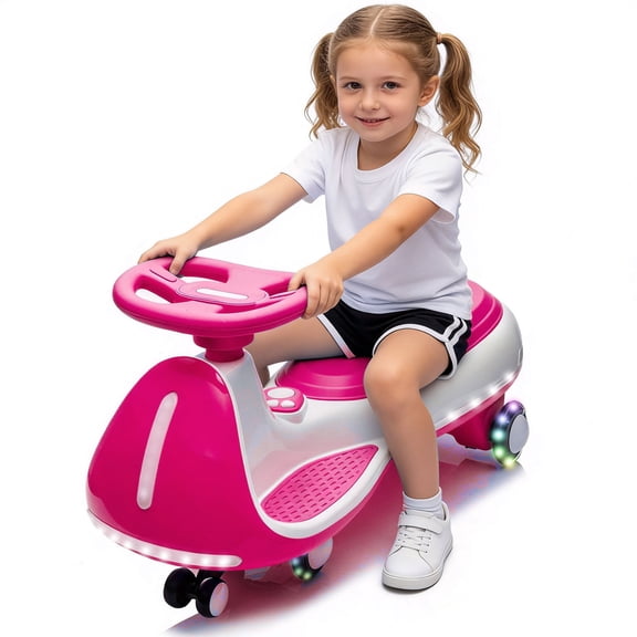 Ambifirner 12v Ride On Electric Wiggle Car W/2-In-1 Smart Design,Controllable Led Lights,5mph Max Speed,Bluetooth Music,Rose Red