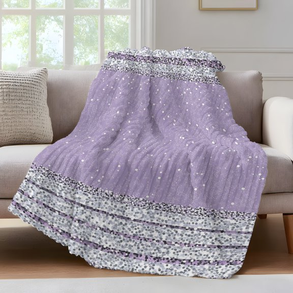 Purple Silver Stripes Fleece Throw Blanket for Couch, Modern Ombre Abstract Aesthetic Microfiber Flannel Blanket for All Season, Lightweight Soft Throw Blankets for Women, Girls, Adults, 50"x80"