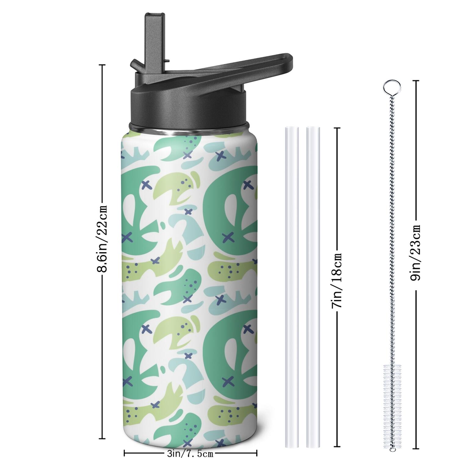 Modern 18 oz Insulated Stainless Steel Water Bottle with Straw & Cleaning Brush , Leakproof, BPA-Free, 304 Stainless Steel, Wide Mouth, Travel Mug for Car, Gym, Office