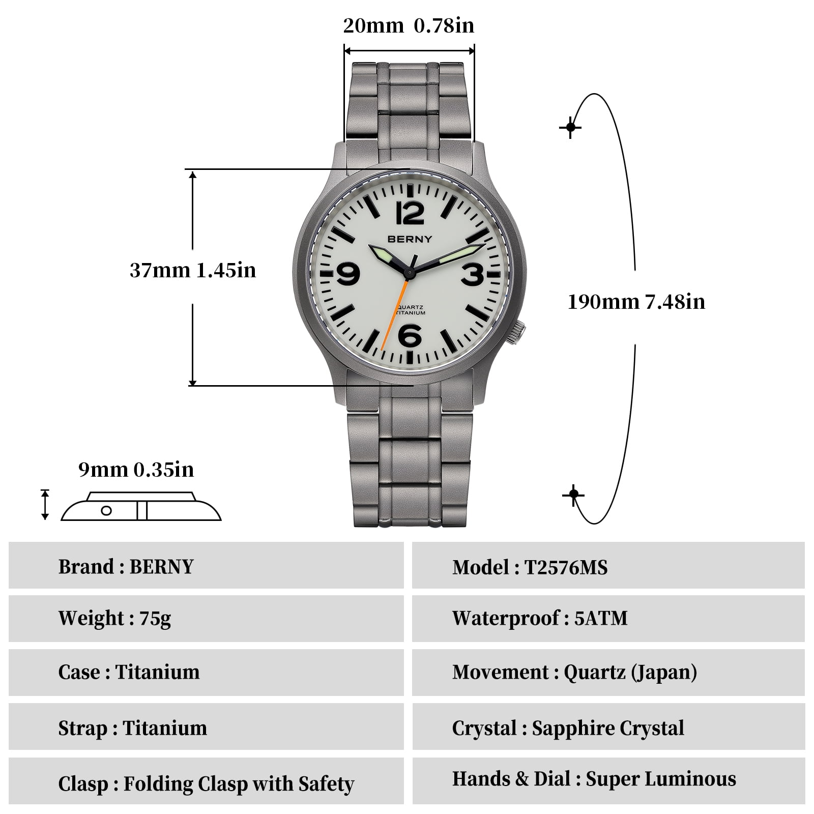 BERNY Watches for Men Military Sport Titanium Field Watch with Sapphire Crystal Luminous Fashion Analog Quartz Watch Easy to Read 50M Waterproof Army Tactical Casual Wristwatch (White)