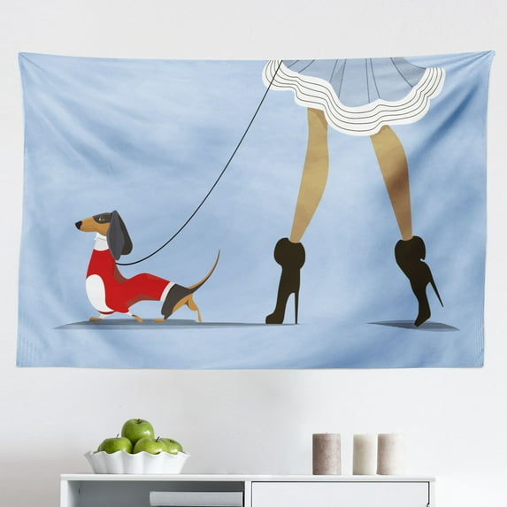Dachshund Tapestry, Christmas Themed Cartoon Style Humanized Dog in Clothes and Xmas Tree with Gifts, Fabric Wall Hanging Decor for Bedroom Living Room Dorm, 2 Sizes, Multicolor, by Ambesonne
