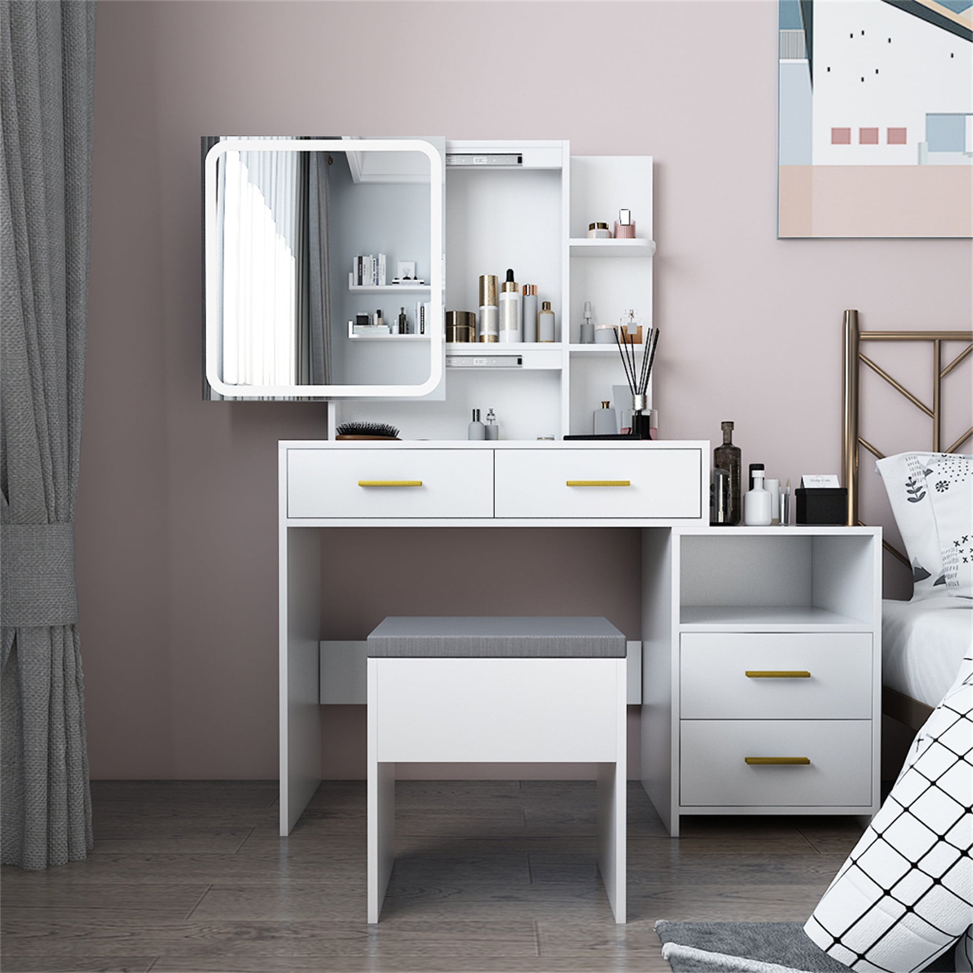 Kadyn Makeup Vanity with 4 Drawers and Mirror, Dressing Table Set Led Three-Tone Light, White