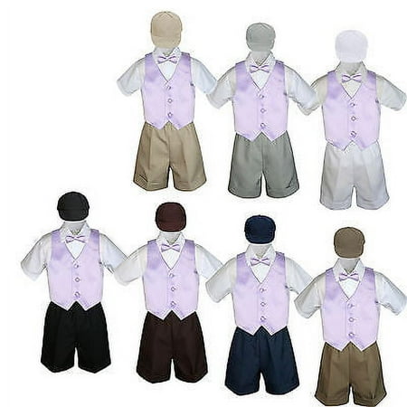 

5pc Boy Toddler Formal Lilac Lavender Vest Bow Tie Black Khaki Hat Shorts S-4T