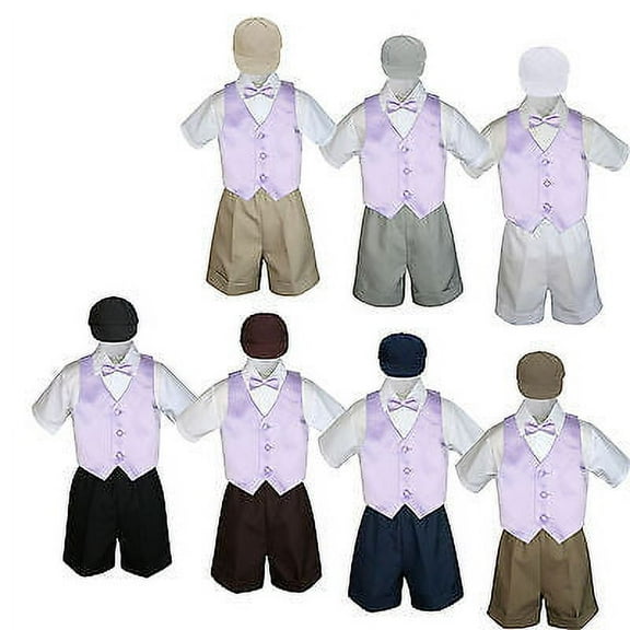5pc Boy Toddler Formal Lilac Lavender Vest Bow Tie Black Khaki Hat Shorts S-4T