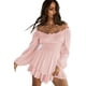 thumbnail image 3 of Vestido con volantes y hombros descubiertos, mameluco con cuello cuadrado y mangas abullonadas para mujer, vestido con vuelo de playa fluido en capas ahumadas, 3 of 5