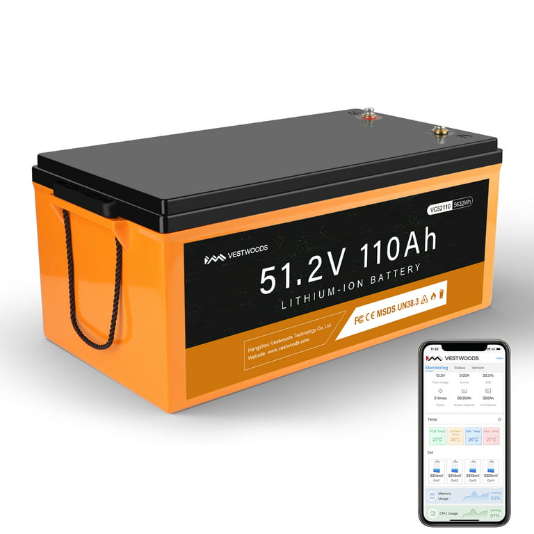 51.2V 110Ah Lithium Battery, 100A BMS, 48V Lithium Bluetooth Battery, 4500  Cycles, 5632Wh, Low Temp Cut Off, IP65, Replacement for RV, Solar, Marine,  Golf Cart 