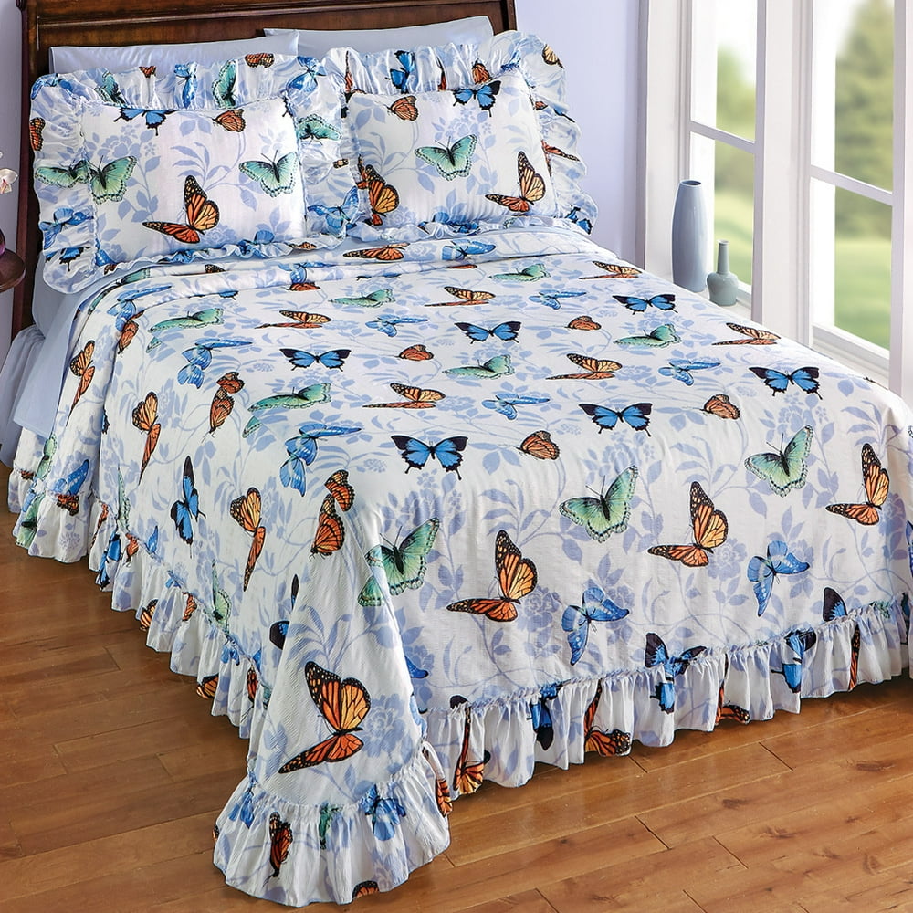 Butterfly Floral Plisse Ruffled Edge Lightweight Bedspread