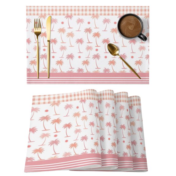 Summer Palm Tree Placemats Set of 12, Tropical Pink Coconut Trees Plaid Border Non-Slip Place Mats Washable Table Mats for Kitchen Dining Table Decorations Indoor/Outdoor