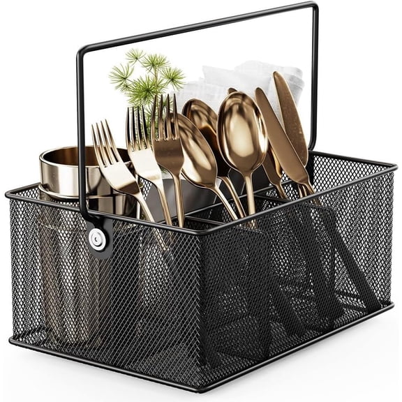 Mesh Utensil Caddy, Napkin Holder and Condiment Organizer – 4 Compartment Silverware Organizer, Metal Mesh Cutlery Holder for Kitchen, Dining, Picnic, Black, 9.5"L x 7"W x 4"H