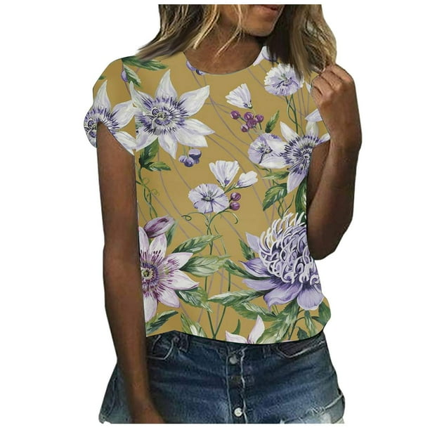 Camiseta informal para mujer, blusa estampada con cuello redondo y manga corta, Tops OAVQHLG3B Store lin121212