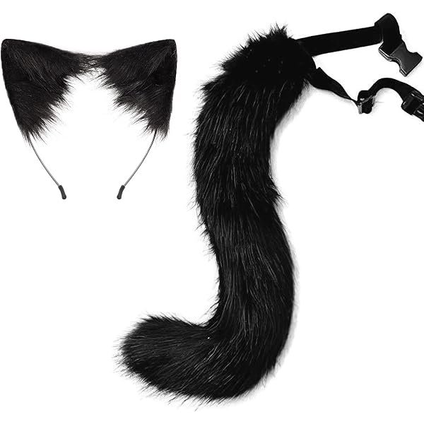 wonima02 Cat Ears Headband Wolf Fox Tail Set Handmade Animal Cosplay Costume Faux Fur Headdress Party Accessories