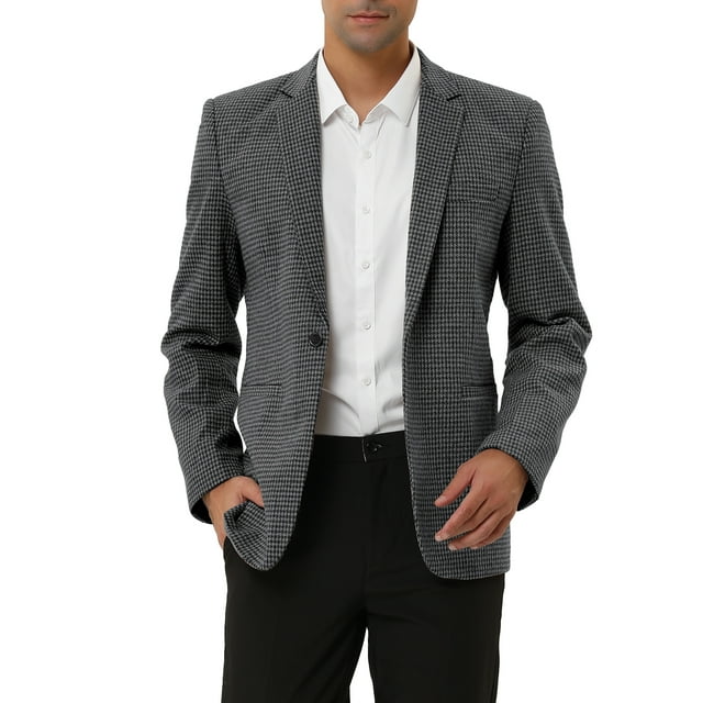 INSPIRE CHIC Men's Casual Plaid Sports Coat Notched Lapel Button Houndstooth Blazer L Black