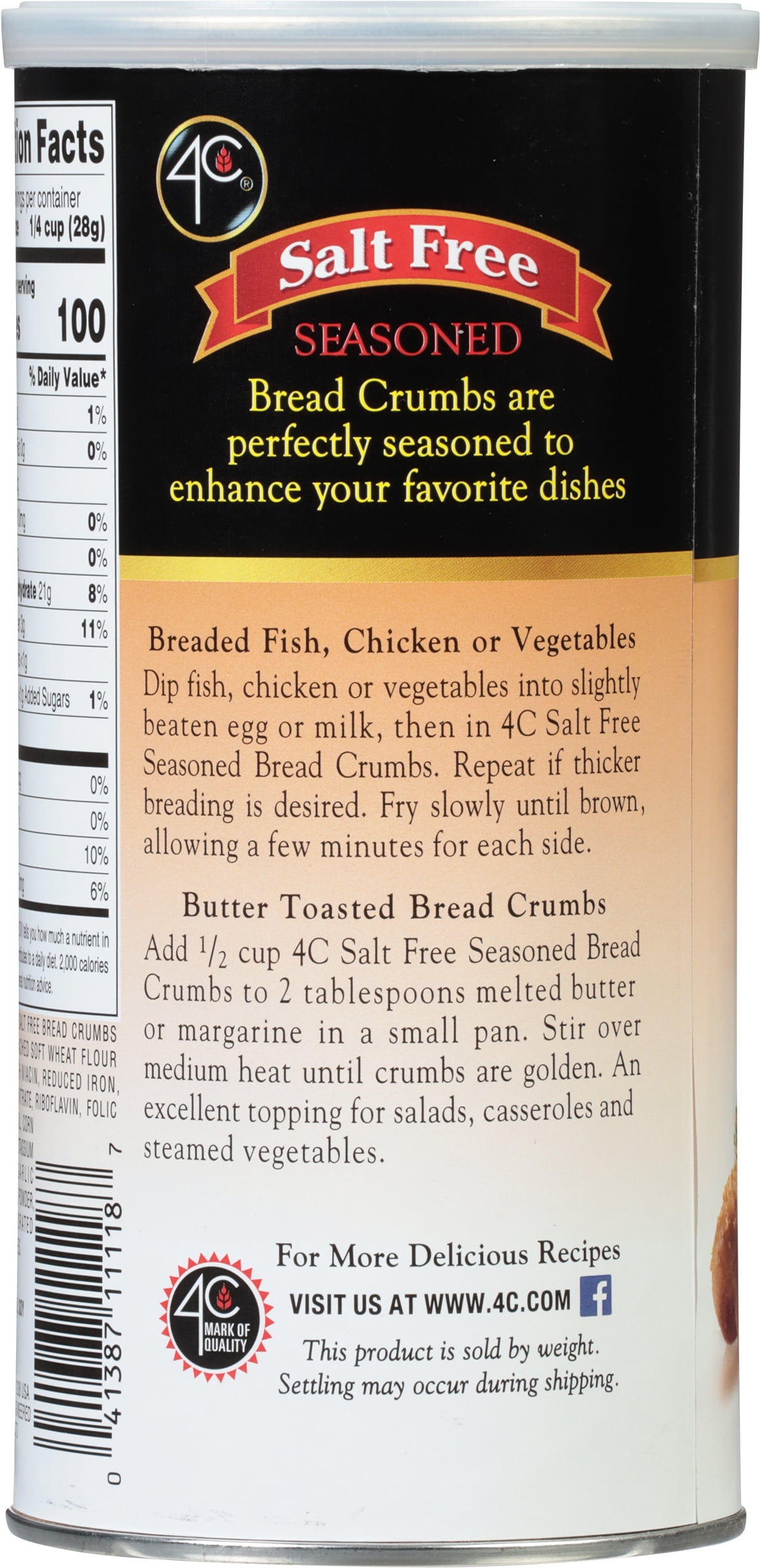 4C Salt Free Seasoned Bread Crumbs 12 Oz Canister