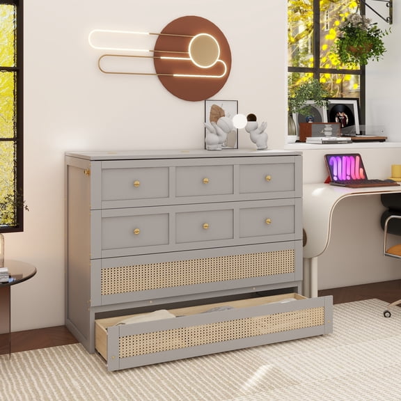 Full Size Murphy Bed with Large Drawers,Gray