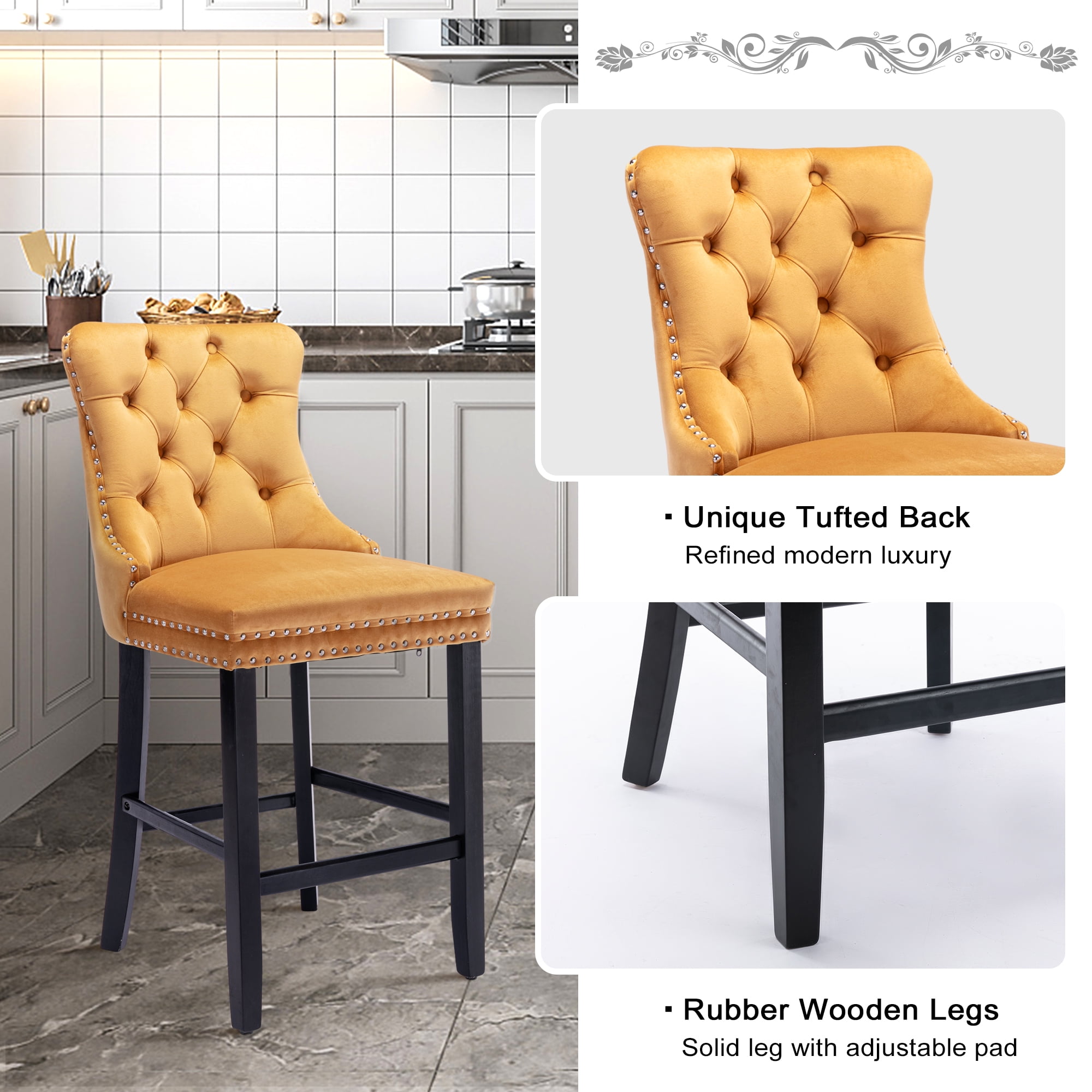 DONICK Velvet Counter Height Bar Stools Set of 4,Button Tufted Back Bar Chair Nailhead Back Pull Tab Wooden Leg(Yellow)