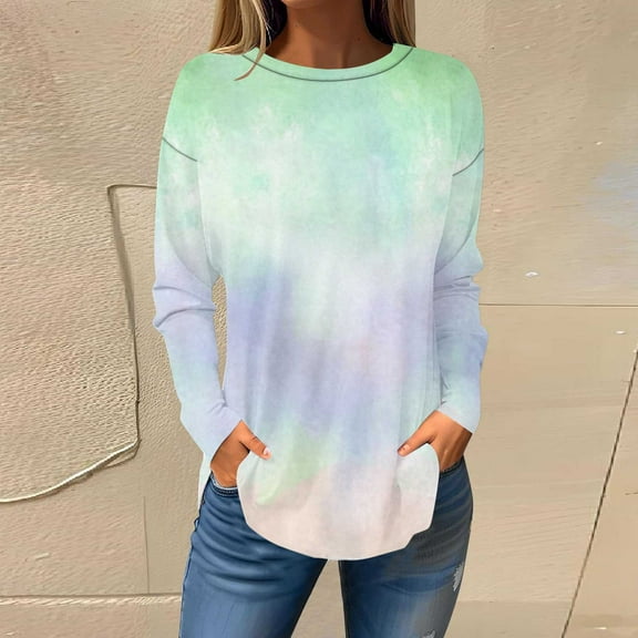 DAFPZW Women Casual Long Sleeve Shirts Tie Dye Long Sleeve Crewneck Tunic T-Shirt Loose Fit Fall Trendy Clothes 2025