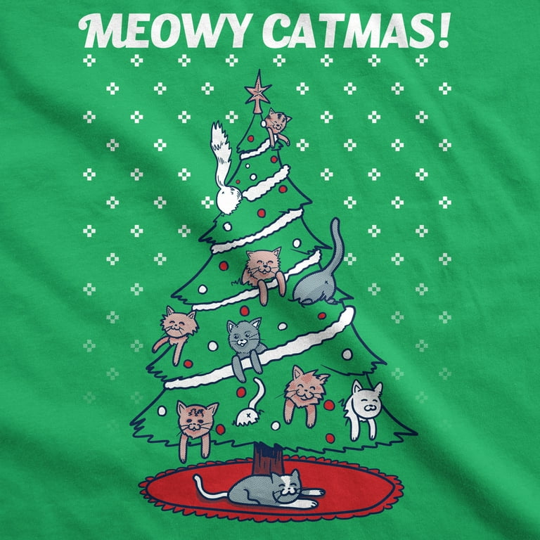 Womens Meowy Christmas Cat Shirt Tree Ugly Merry Crazy Funny Gift