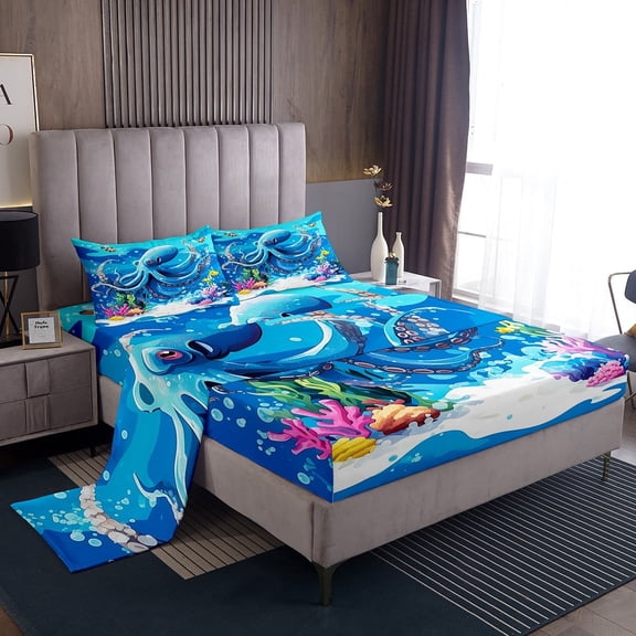 Erosebridal Blue Octopus Sheet Set Twin,Marine Animal Bedding Sets Twin Size,Ultra Soft Bed Sheets Twin,Ocean Theme Decor,3pcs