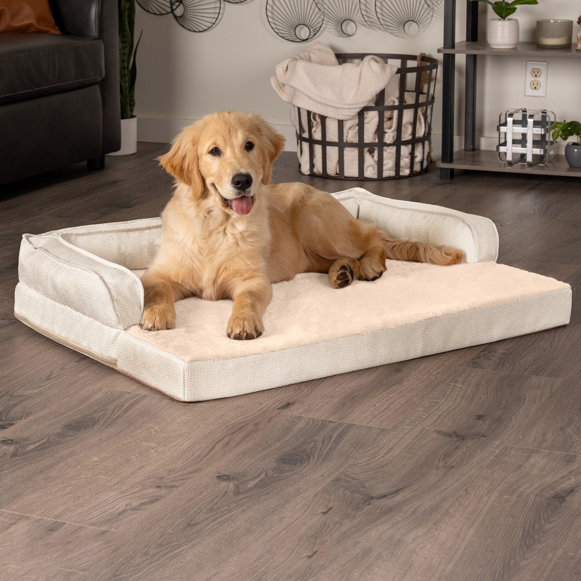 FurHaven Pet Products Plush & Decor Check Comfy Couch Orthopedic Pet Bed for Dogs & Cats - Wheat, Large