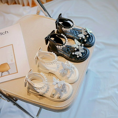 

Trendy Butterfly Pearl Open Toe Sandals For Girls Breathable Lightweight Anti Slip Sandals For Indoor Outdoor Beach Summer