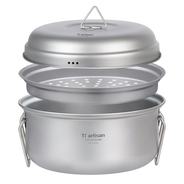 Titanium Steamer Stockpot Set with Lid Outdoor Camping Soup Steaming Pot Pan Mess Kit