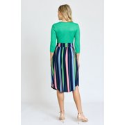 Vivid 3/4 Sleeve Multi Color Stripe Sash Midi Dress | S-3X
