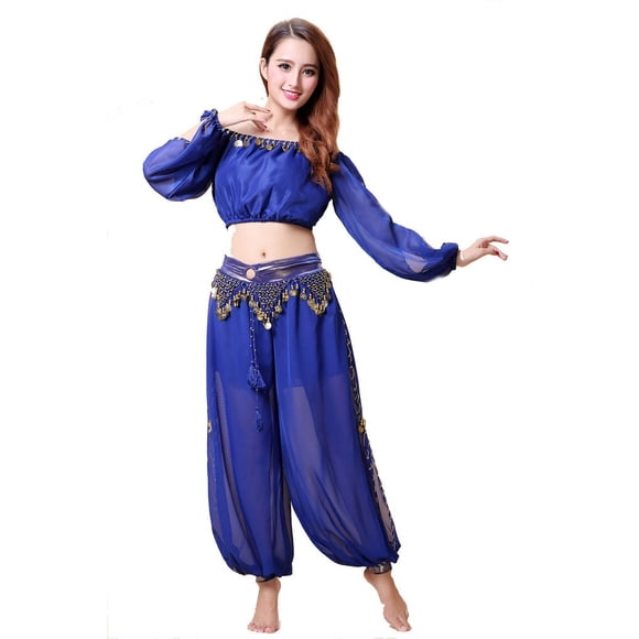 ZLTdream Belly Dance Chiffon Long Sleeves Top and Lantern Coins Pants Dark Blue