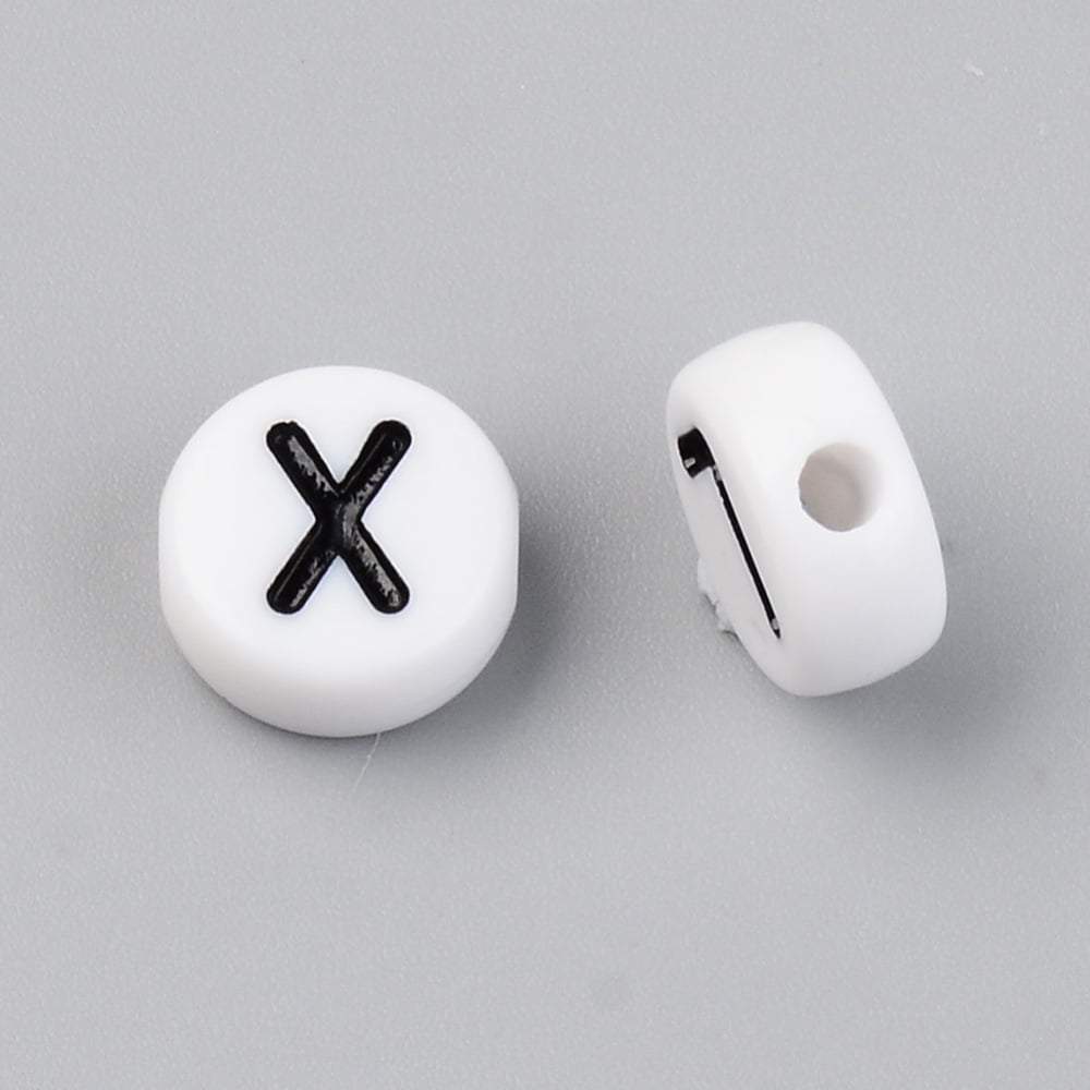 Opaque Acrylic Beads with Enamel Horizontal Hole Flat Round with Initial Letter Black White 9.5x4.5mm Hole: 2mm 1580pcs/500g DIY
