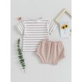 thumbnail image 5 of FEORJGP Toddler Baby Boys Girls Summer Waffle Clothes Infant 0-2Y Short Sleeve T-Shirt Round Neck Shirt Stripe Print Tops with Drawstring Shorts Little Kids 2Pcs Loose Casual Outfit, 5 of 9
