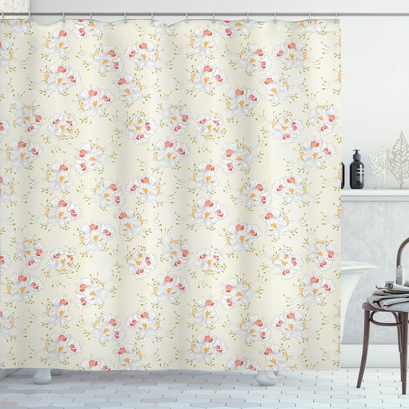 Vintage Shower Curtain, Pastel Toned Chestnut Flowers Pattern Nature Art Blossoming, Fabric Bathroom Set with Hooks, 69W X 70L Inches, Eggshell Marigold Coral and Khaki, by Ambesonne