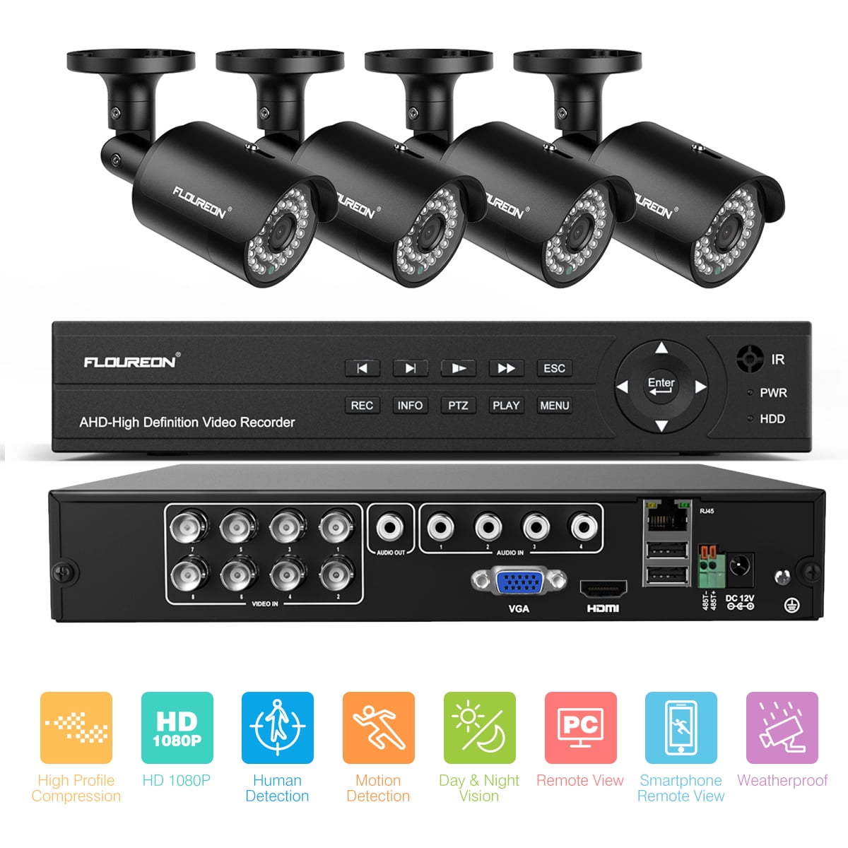 Security Camera System,FLOUREON 8CH HD 1080P 6in1 Video DVR Recorder with 4X HD 1080P XVI