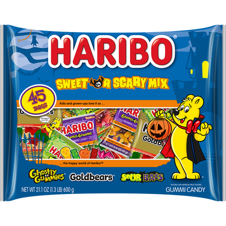 HARIBO Sweet or Scary Halloween Assorted Fruit Flavor Gummy Candy, 21.1oz, 45ct Mini Gummy Pouches