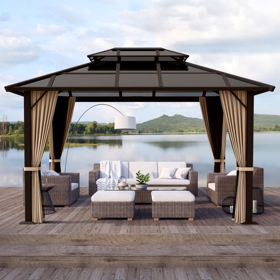 EGEIROS LIFE 10 Ft. x 12 Ft. Aluminum Patio Outdoor Double Hardtop Roof Gazebo (Brown)