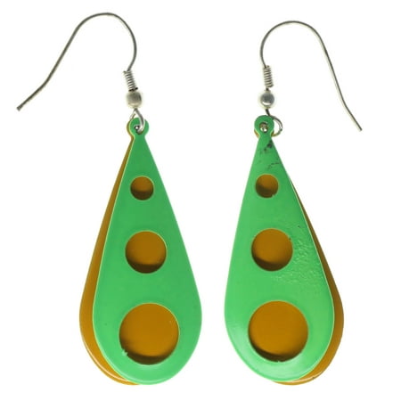 Two Layer Dangle Tear Shaped Earrings Yellow Background Layer & Green Top Layer