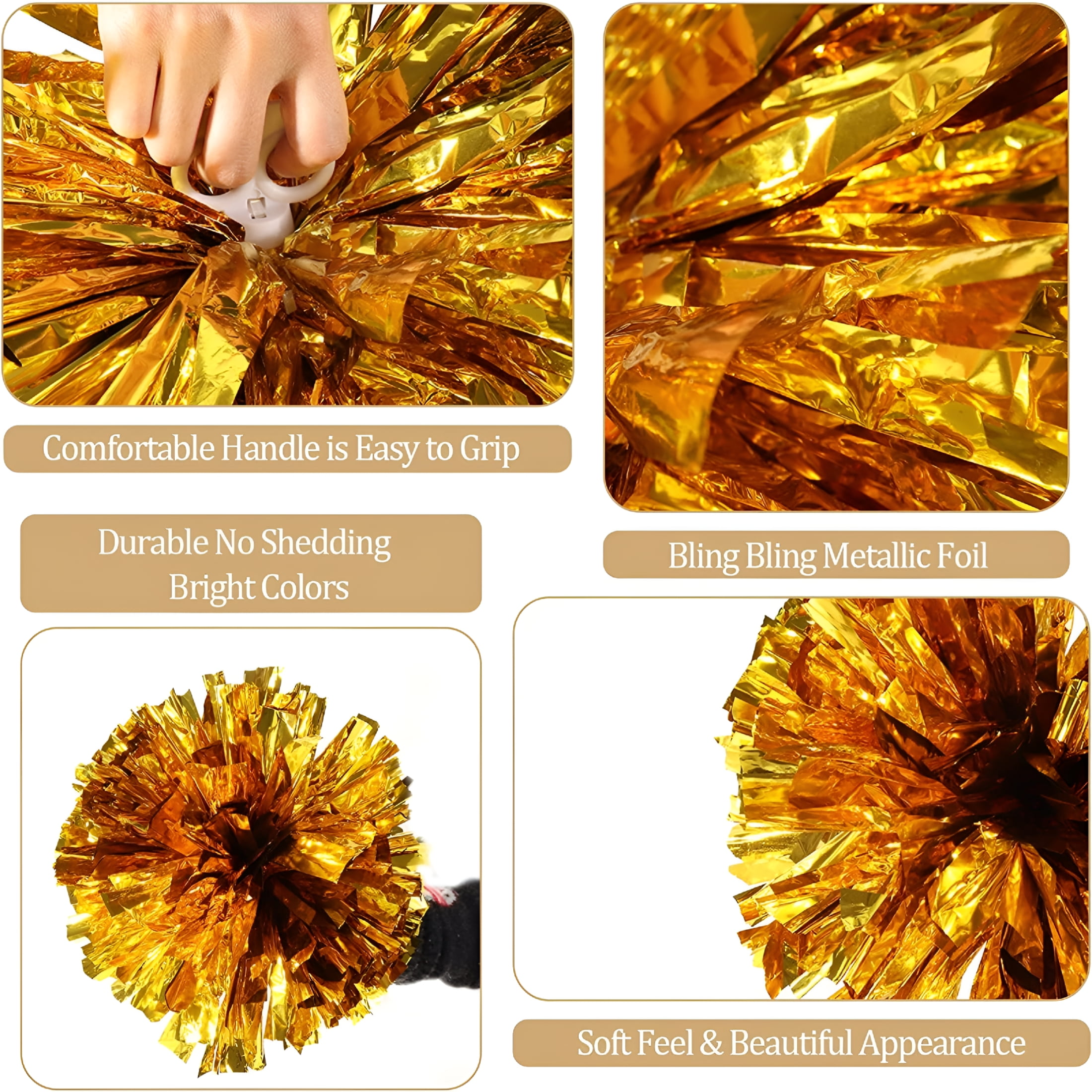 BESTSKY 2026 New 12Pcs Cheerleading Pom Poms with Finger Holes Metallic Foil Cheer Pom Poms for Dance, Matches, Team Spirit Sports, Stage Performance, Carnival Celebration (Blue Gold, Large)