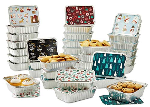 Set Of 36 Christmas Treat Foil Containers - 6 Holiday Designs, Snowman & Santa Festive Cover 