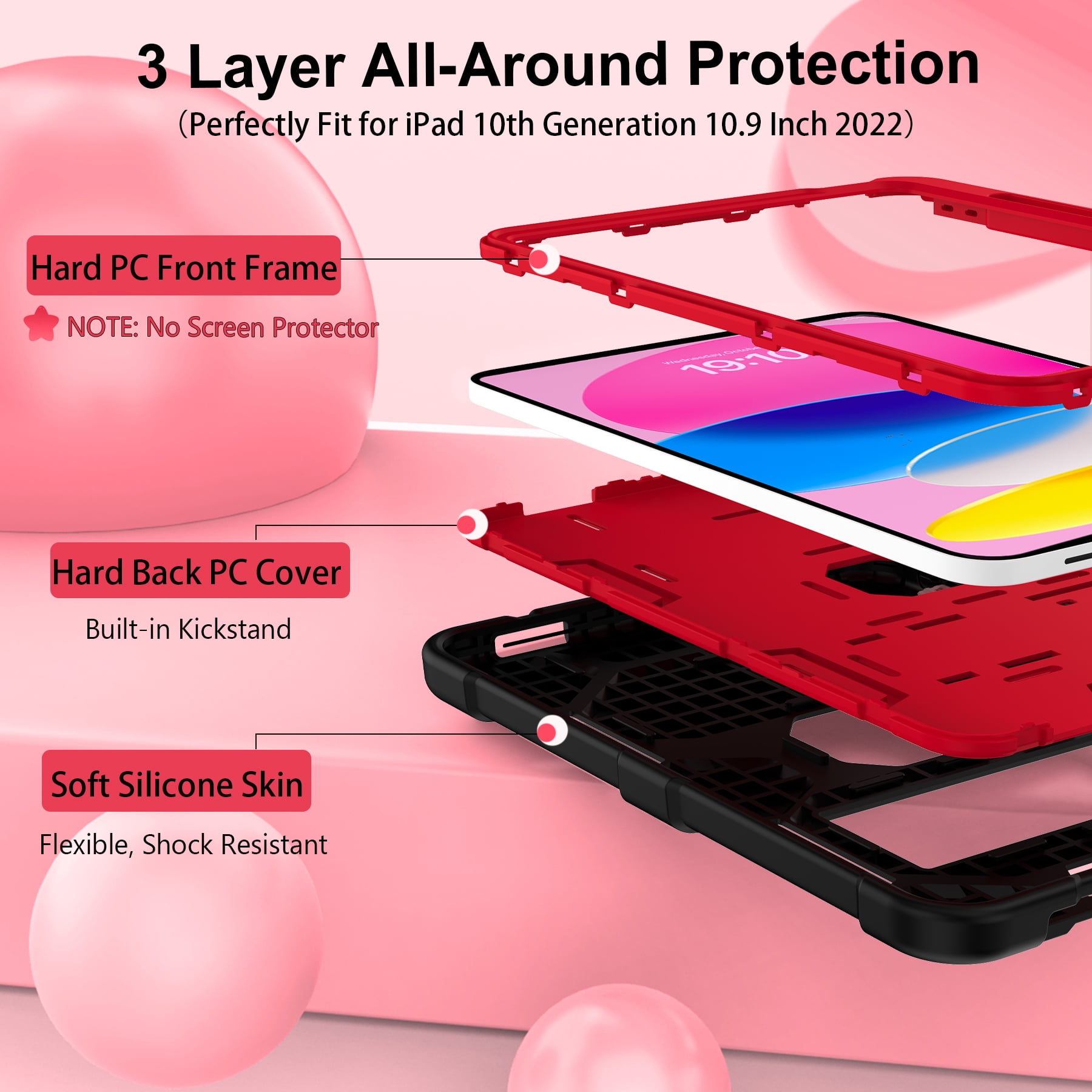 Rantice Case for iPad 10th Generation 10.9 Inch 2022, iPad (A16) 11th Gen 11 Inch 2025, with Kickstand & Pencil Holder, Heavy Duty Shockproof Hybrid Protective Cover for Kids Girls, Black+Red