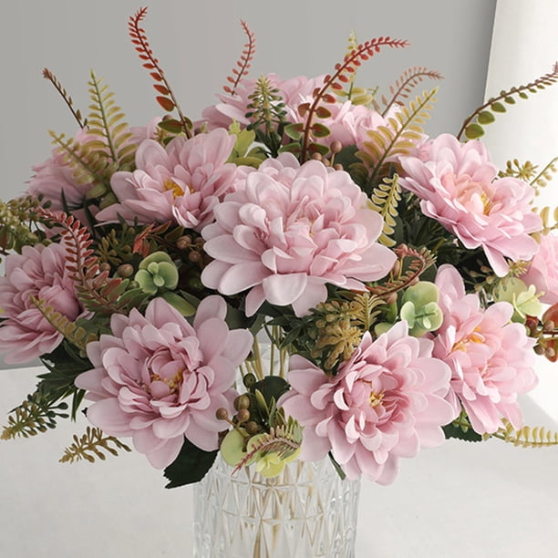 Simulación Plástica Ramo artificial de crisantemos multicolor con hojas de helecho para decoración de bodas y fiestas en el hogar (multicolor) Rkxzt