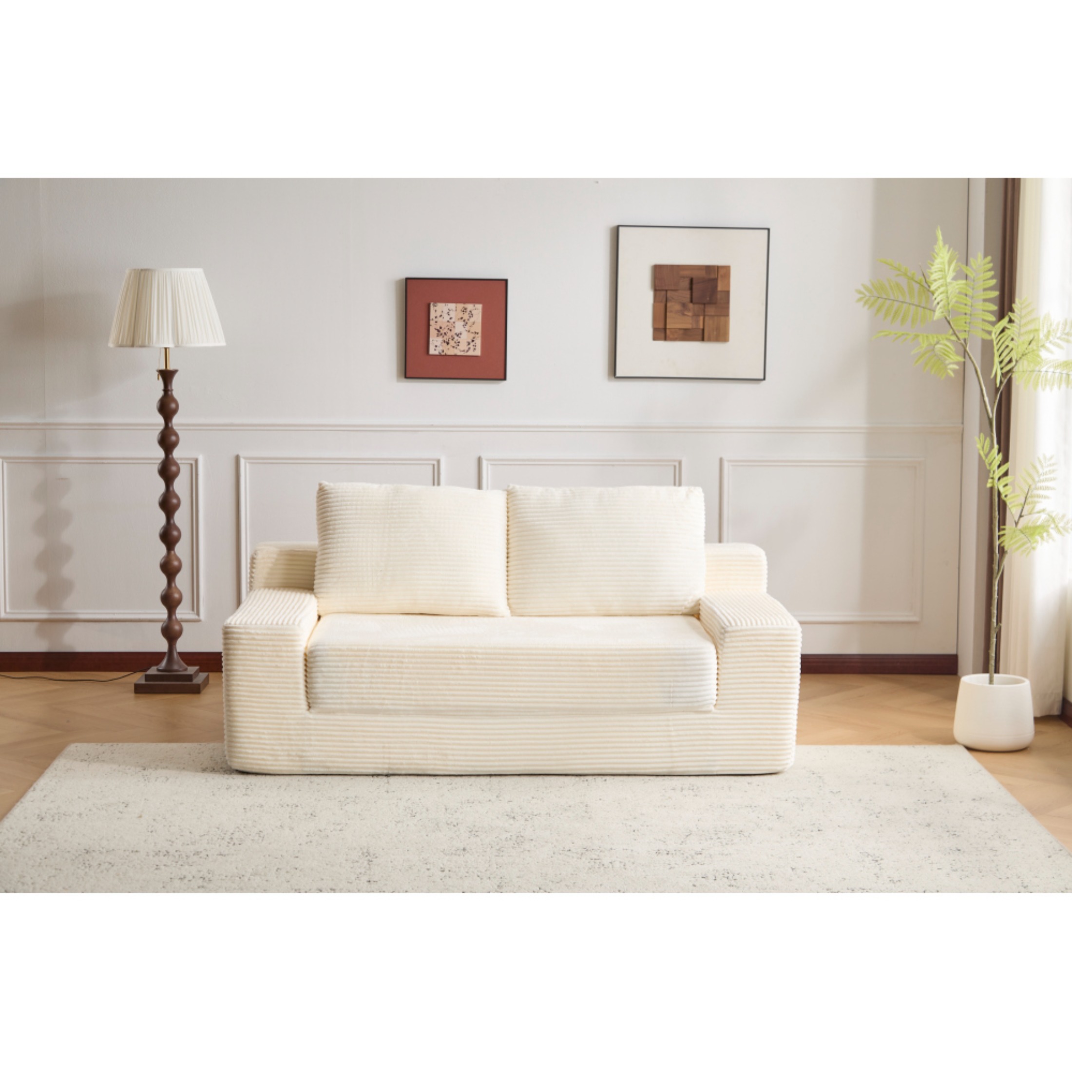 SOULART 71.65" Loveseat Sofa, White Corduroy Deep Seat Couch, Reversible Cushion with Pillows, No Assembly Required