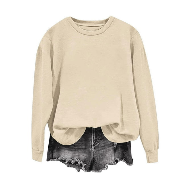 Milgrthf Chandails d'Automne pour Fille Basique Tendance Manches Longues Léger Décontracté Col Rond Chandail Beige m