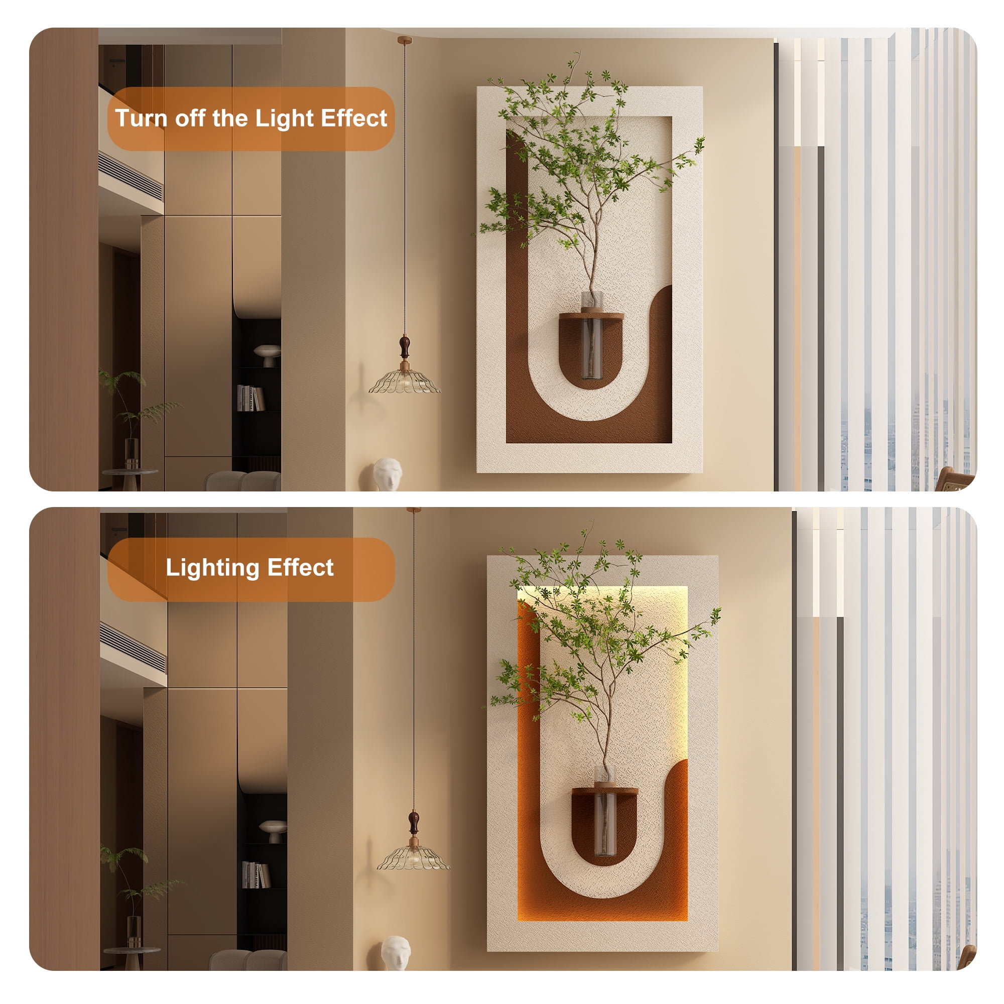 Aukfa 3D Sandstone Wall Art with Artificial Green Plants, LED Wall Decor with Glass Vase & Rabbit Statue, Remote Control for Living Room/Bedroom