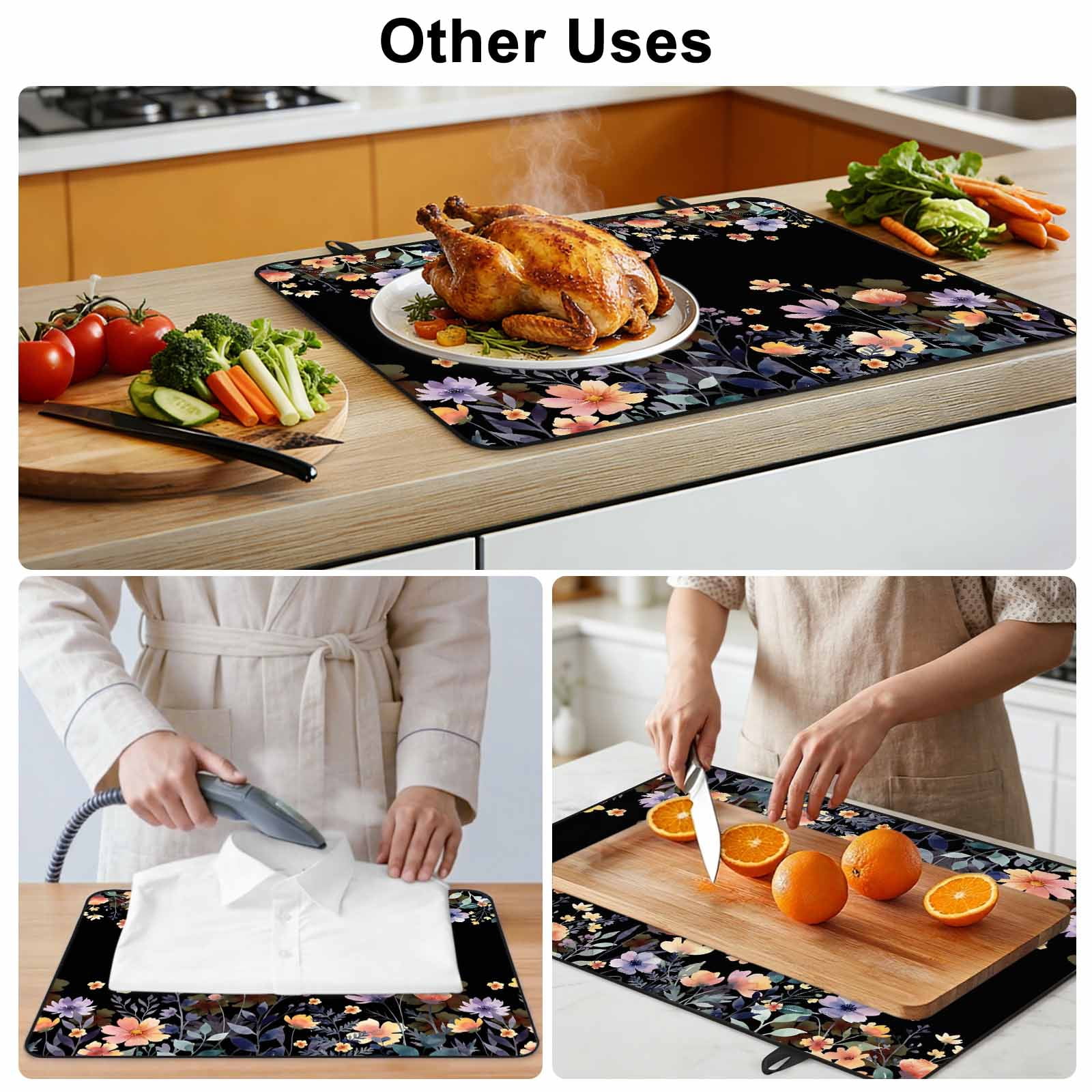 Black Spring Floral Stove Top Cover for Electric Stove, Heat-proof & Non Slip Glass Top Stove Cover Protector, Elegant Flowers Farmhouse Botanical Kitchen Flat Cooktop Rubber Mat 24x21 Inches