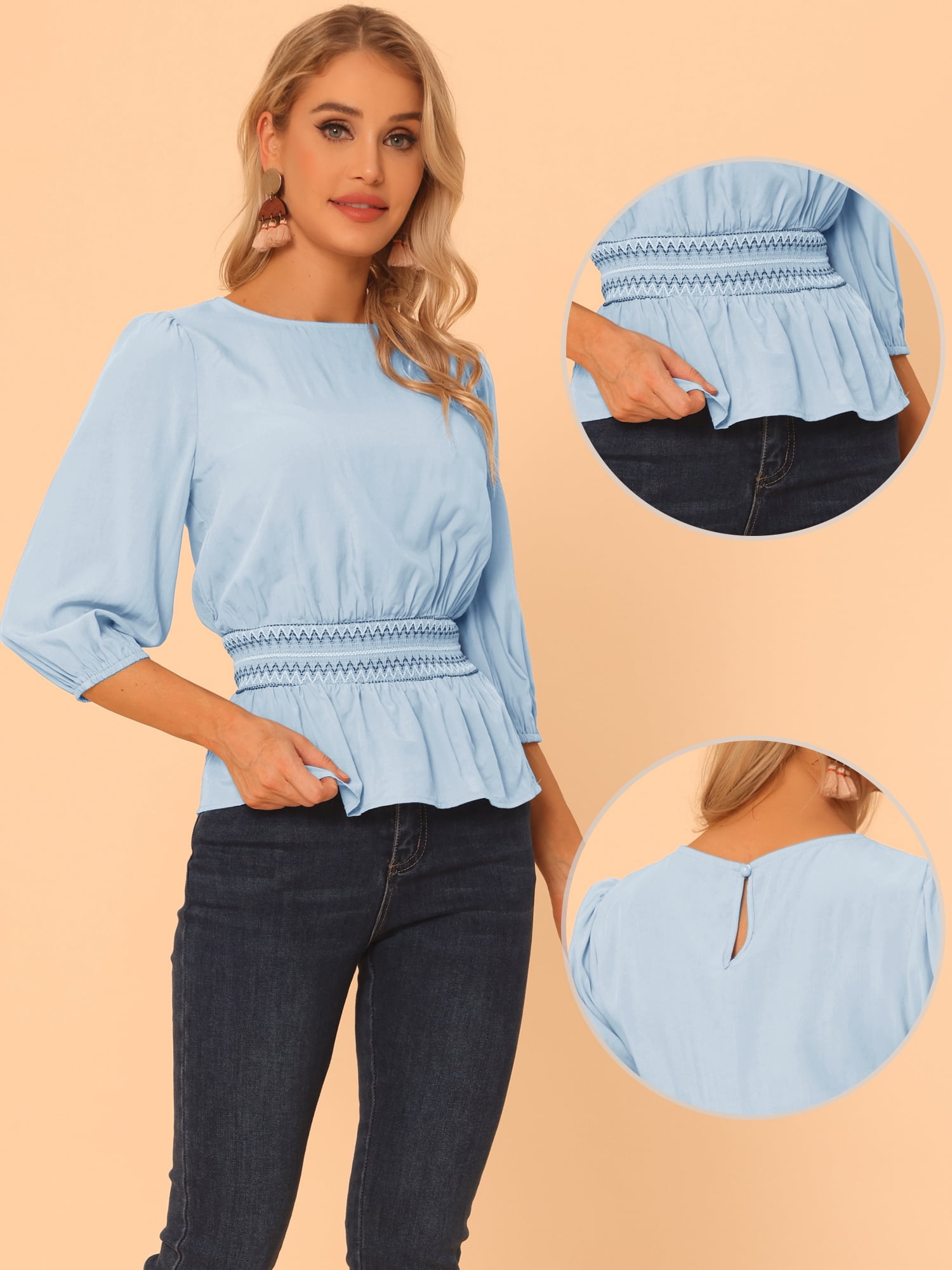 DARING DIVA Peplum Top Puff Smocked Waist Blouse XL Blue