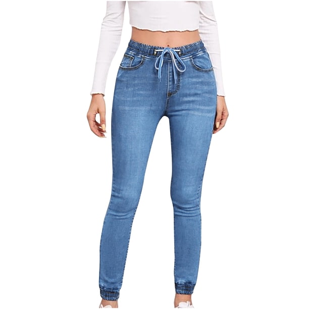 Pantalones vaqueros de bolsillo con cremallera y vendaje con agujeros para mujer, pantalones vaqueros informales acampanados de pierna ancha Pompotops ulkah942855