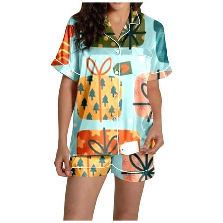 JIANJIA Womens Pajama Sets Christmas Cartoon Print Silk Satin Lapel Short Sleeve Tops With Shorts Sleepwear Nightwear