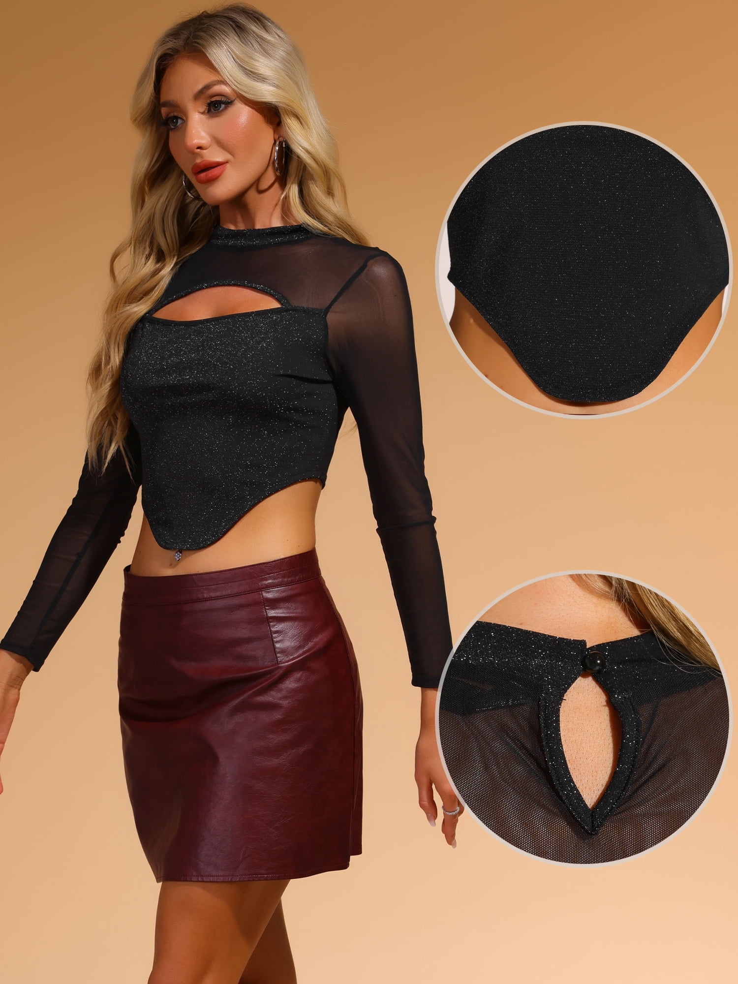 Unique Bargains Women's Mock Neck Keyhole Mesh Clubewear Sparkle Crop Top L Black Silver