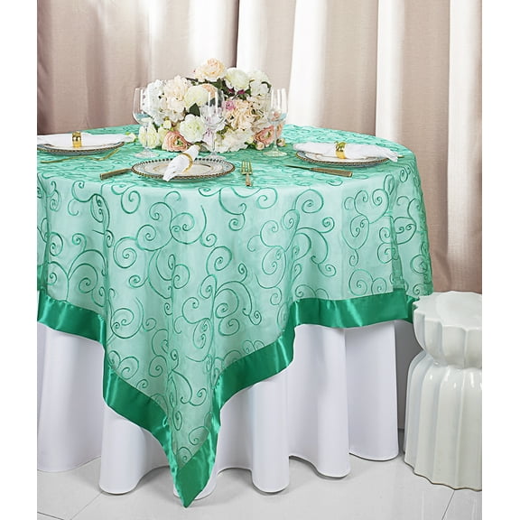 Wedding Linens Inc. 85"x85" Embroidered Organza Sheer Table Overlay Toppers - Jade