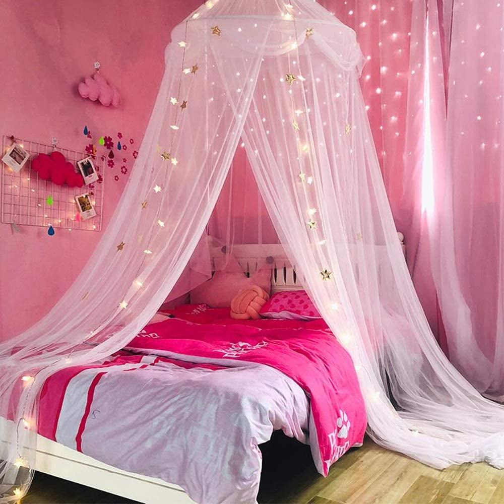 Bed Canopy with Lights,Bed Canopy for Girls Canopy Bed Curtains Girls Bedroom Decor for Twin to King Size Bed (Purple and Pink)