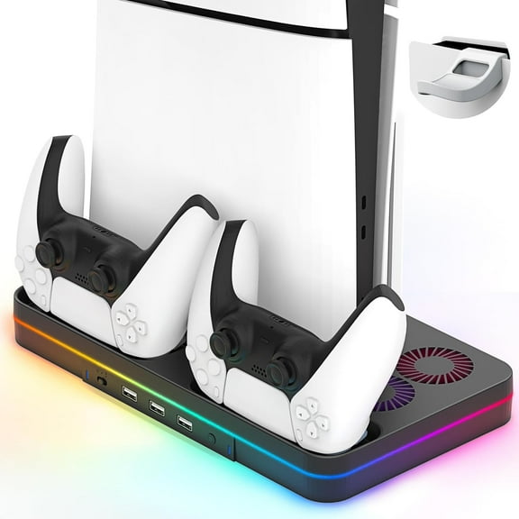 Cooling Station for PS5 Slim Console, with 2 Cooling Fan & 2 Controller Charging Stand RGB Light Headset Holder for PlayStation 5 Slim Disc & Digital Edition-Black