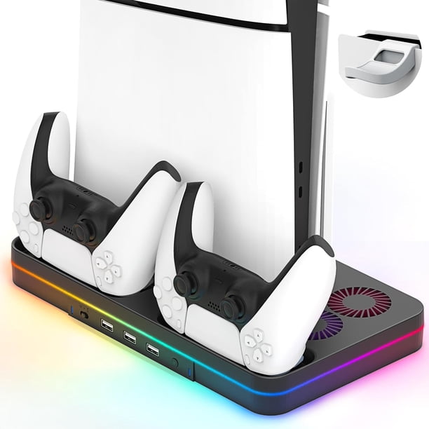 Estación de refrigeración para consola PS5 Slim, con 2 ventiladores de refrigeración y 2 soportes de carga para mandos, luz RGB y soporte para auriculares para PS5 Slim Disc y Digital Editions